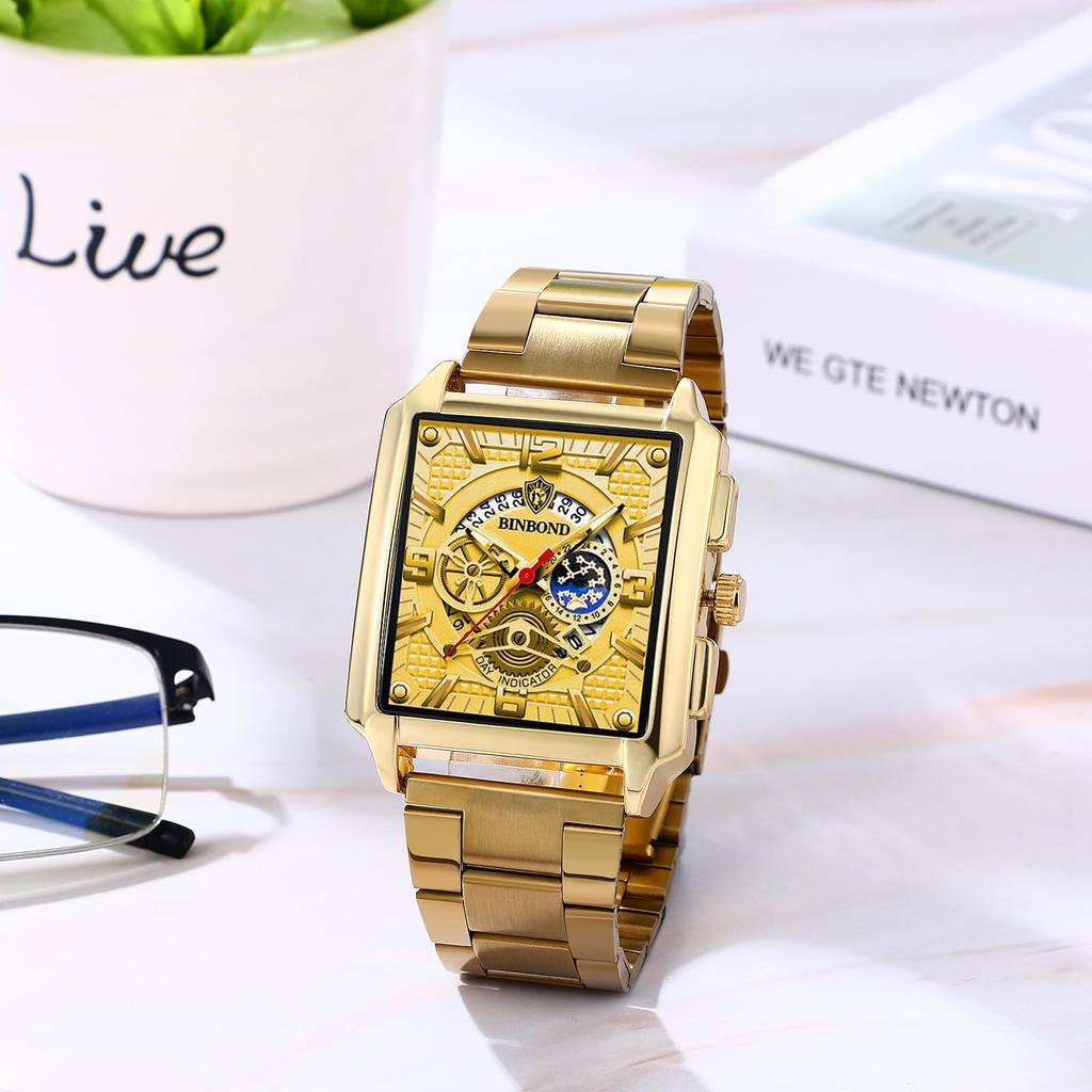 Square Watch with 3ATM Water Stainless Steel Analog Quartz Simple and Stylish Business Watch A Great Gift for and Day Men's Calendar, Gold