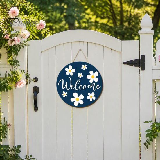 Decorative Wood Sign for Porch Wooden Daisy Welcome Front Door, Rustic Farmhouse Hanging Wall Decor Floral Art with Hemp Rope, Plaque Home Entrance