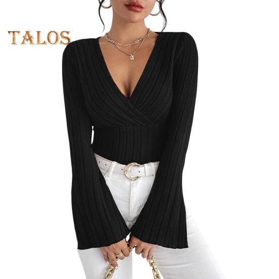 

Женские топы-топы с V-образным вырезом, расклешенные, с длинным рукавом, облегающие, трикотажные топы, однотонные, осенне-зимняя блузка L