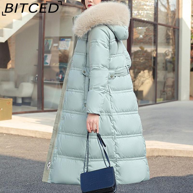 BITCED Winter Down-Filled Cotton Coat for Women - Long Style, Knee-Length, Oversized Fur Collar, Slim-Fit, Belted Design, Cotton