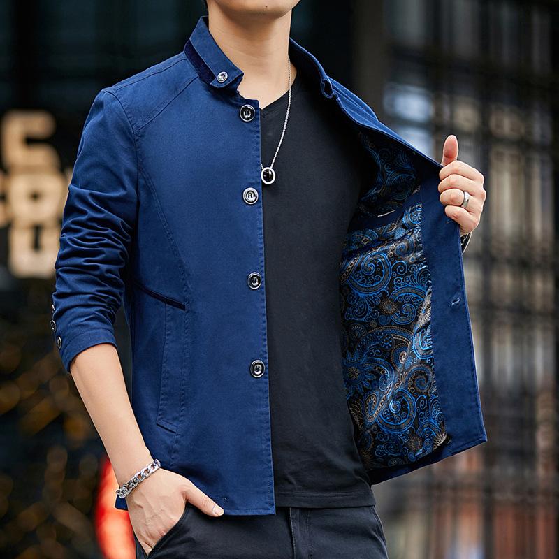 New Jacket Casual Loose Jacket Men Spring and Autumn Standing Collar Men's Trench Coat Washed Cotton Handsome Simple Coat