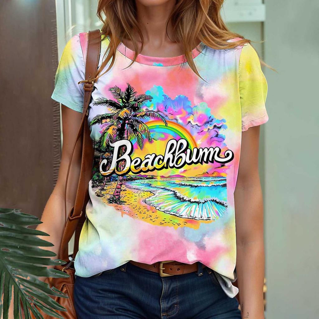 Summer Fruit Coconut Tree Gradient 3D Print Beach T-Shirts Short Sleeve O-Neck Women's T-shirts