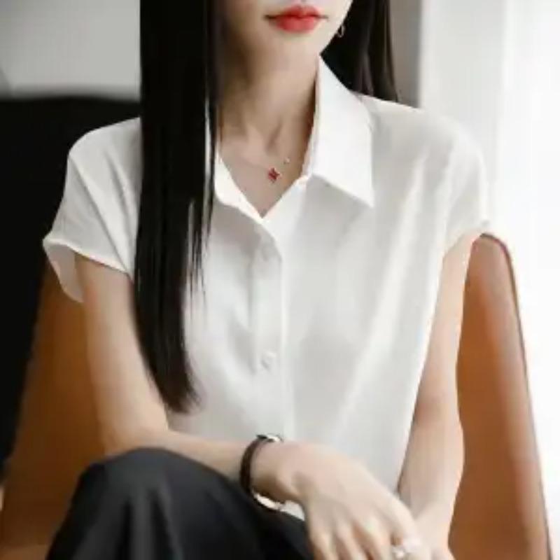 Women s Satin Short Sleeve Blouse Turn-Down Collar Button Down Smooth Formal Office Work Shirt L белый