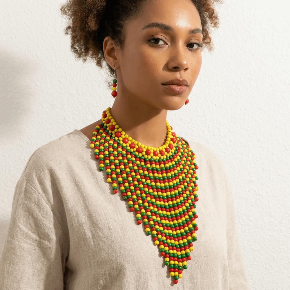 Handmade Necklace Earrings Set Wood Tassel Necklace Elegant Ear Studs  Ladies