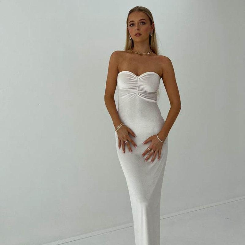 

Женское платье Летняя клубная вечеринка без рукавов Элегантное платье макси с открытыми плечами и рюшами S белый