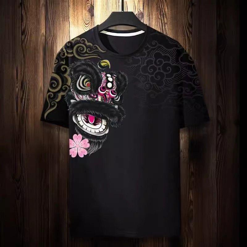 New Chinese style fashionable T-shirt 3D pattern lion dance print short sleeved summer loose breathable plus size top