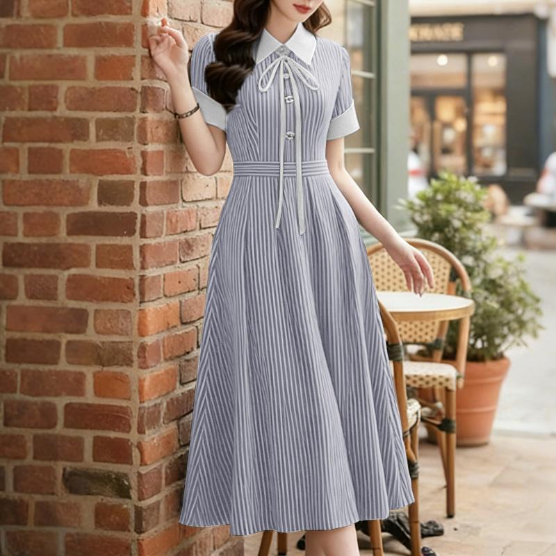 ZANZEA Women Casual Turn Down Collar Summer Short Sleeve Stripe Dress
