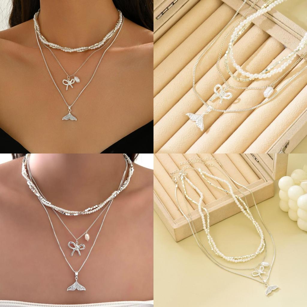 Schmetterlingsschleife Anhänger Halskette Mit Künstlicher Perle Mehrschichtige Kette Für Damen Und Herren