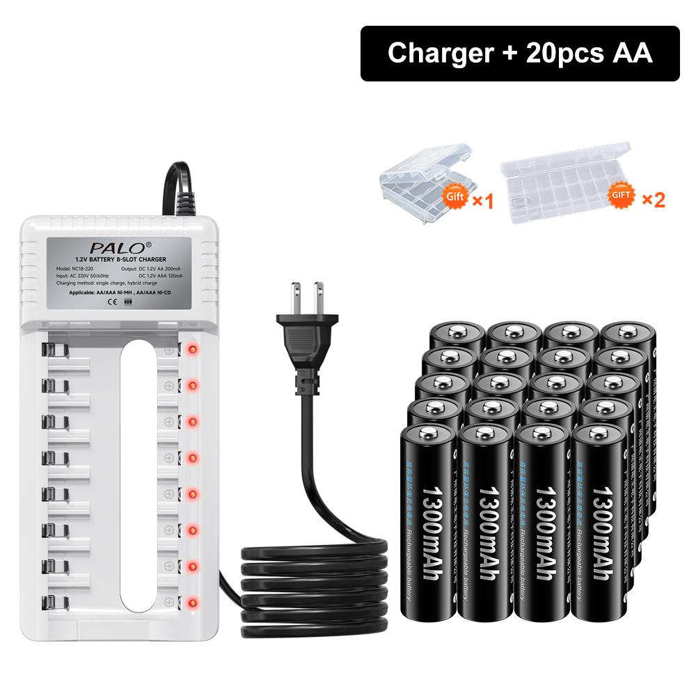 PALO 1.2V AA Ni-MH Battery 1300mah +AAA Rechargeable Batteries 600mah for Toy alarm clock with 8 slots Smart 2A 3A Battery Charger