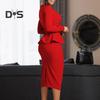 Women Business Dress Square Neck Long Sleeve Pure Color Ruffle Patchwork Slim Fit Sheath OL Commuting Formal Midi Dress