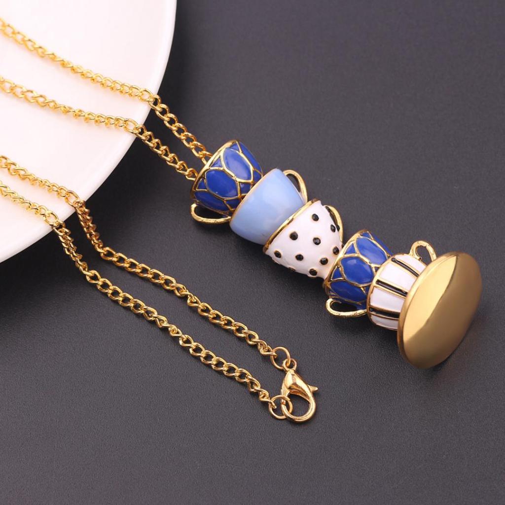 Women Fashion Hand Painted Enamel Teacup Pendant Necklace Long Chain Jewelry