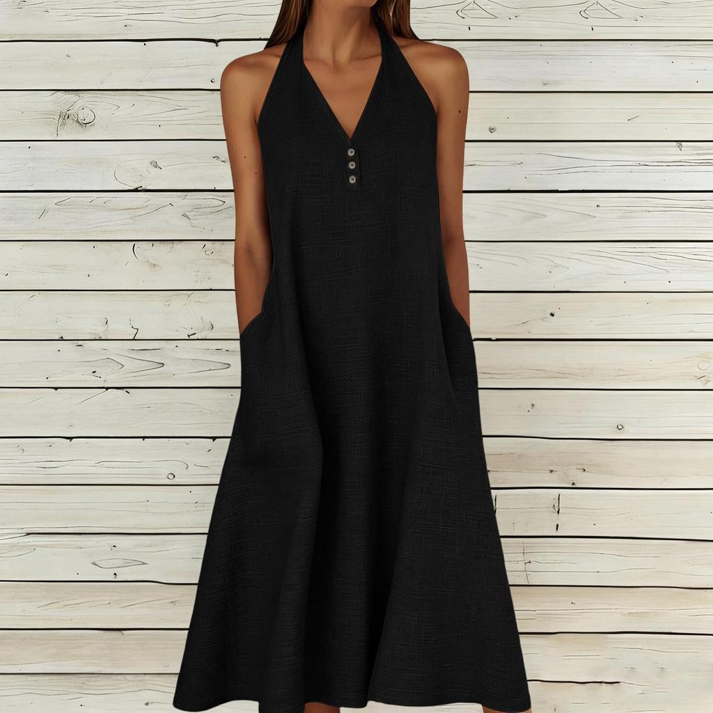 Fashion Women's Summer Dress Cotton Linen V-neck Backless Dress With Pockets Sun Skirt