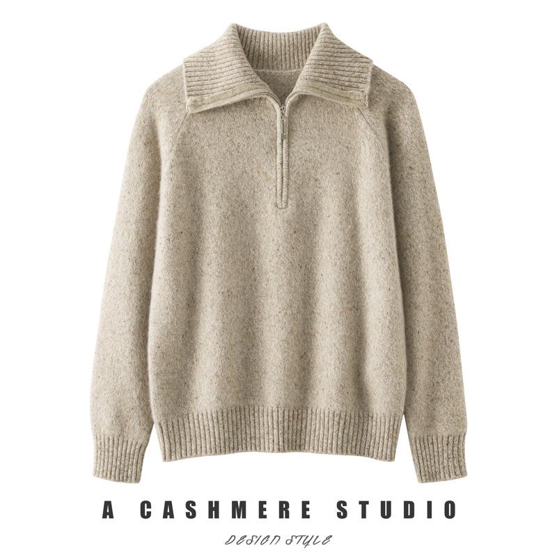 Women's Autumn/Winter Cashmere Lapel Half-Zip Sweater - Casual Knit Pullover