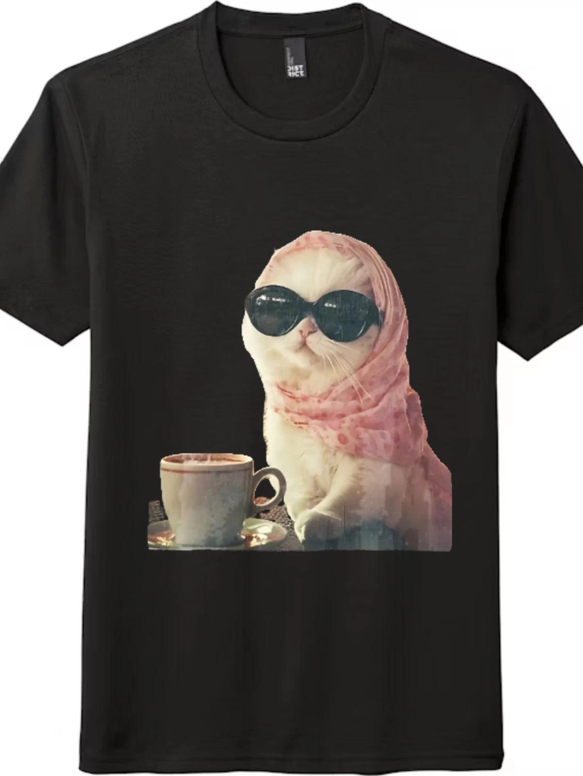 Funny Coffee Cat with Sunglasses & Headscarf T-Shirt, Cat Lover Graphic Tee XS