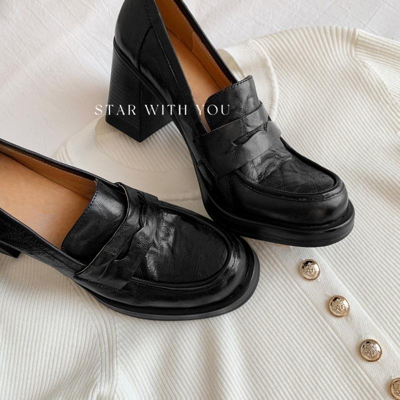Cowhide~ Height Increase Cm Retro Leather Thick Heel Women's Round Head High Heel Single Shoes Lazy Person Pedal Small Leather Shoes