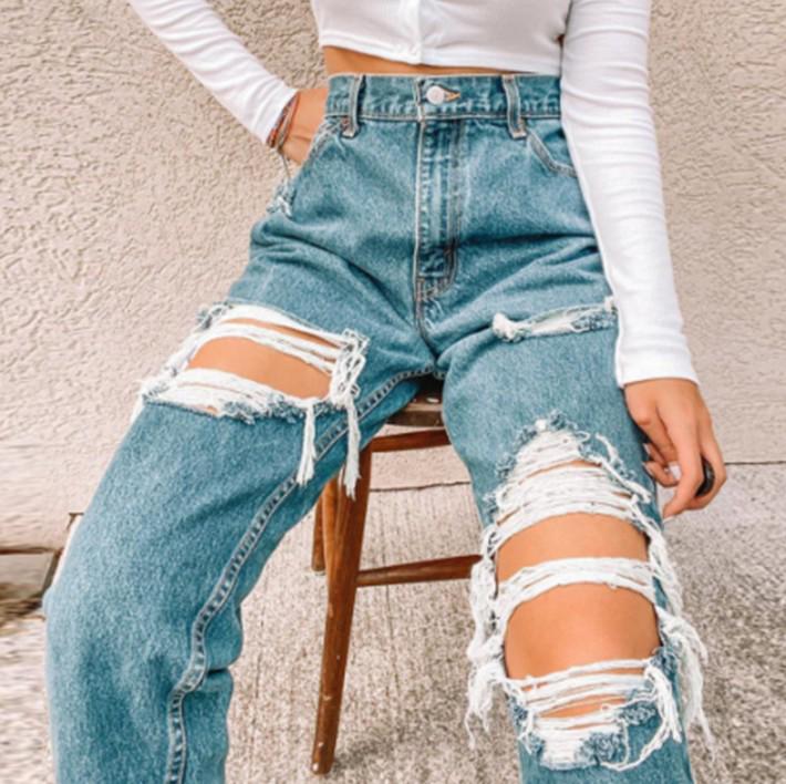 Calça Jeans Rasgada Retrô para Mulheres - Estilo Europeu e Americano