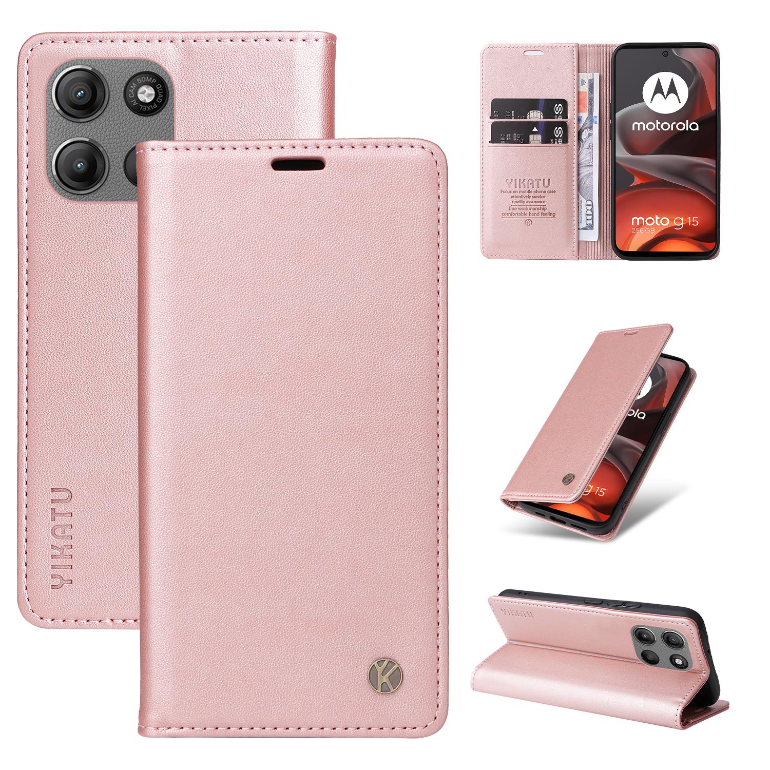 

For Motorola Moto G15 4G Phone Cases YIKATU Magnetic Closure PU Leather Mobile Cover Rose Gold