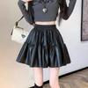2025 High-Waisted Black PU Leather A-Line Mini Skirt - Stylish Pleated Design for Women