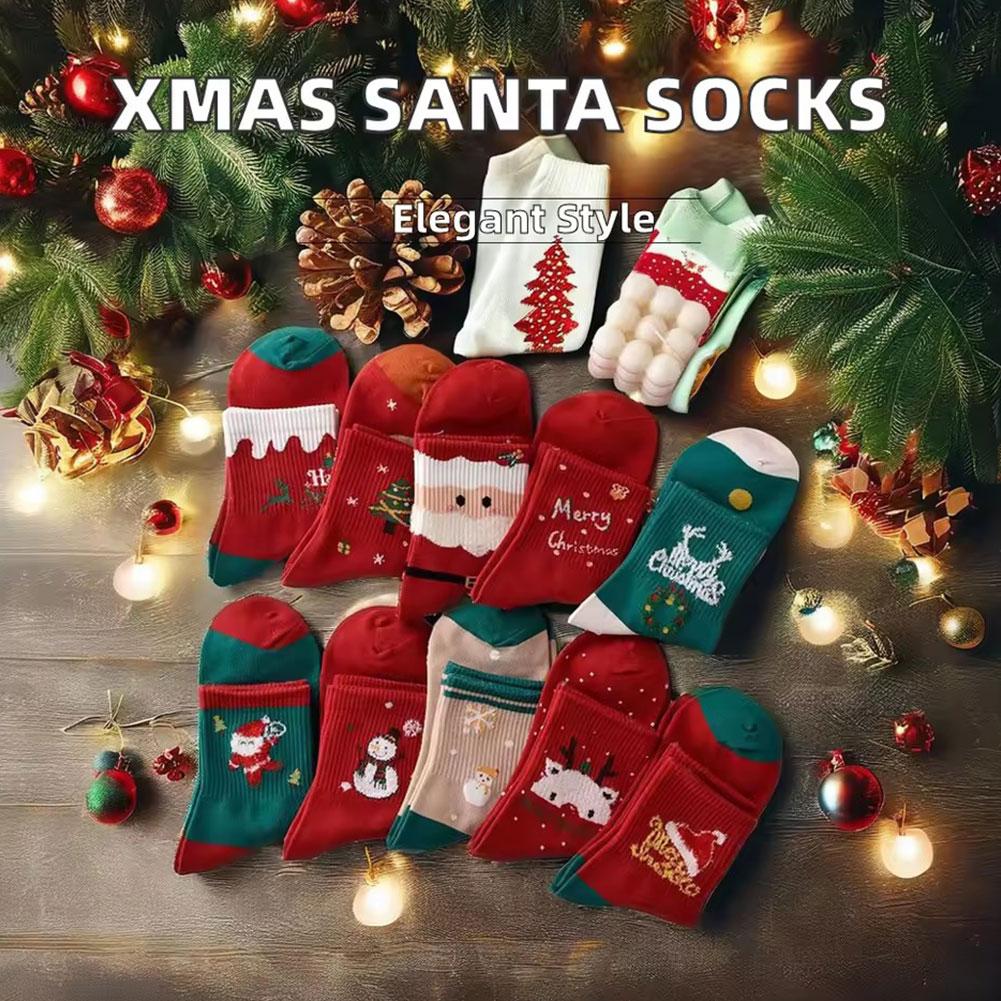 5Pairs Christmas Socks Autumn Winter Cute Cartoon Santa Claus Mid-Calf Socks For Women Soft Breathable Warm Couple Socks