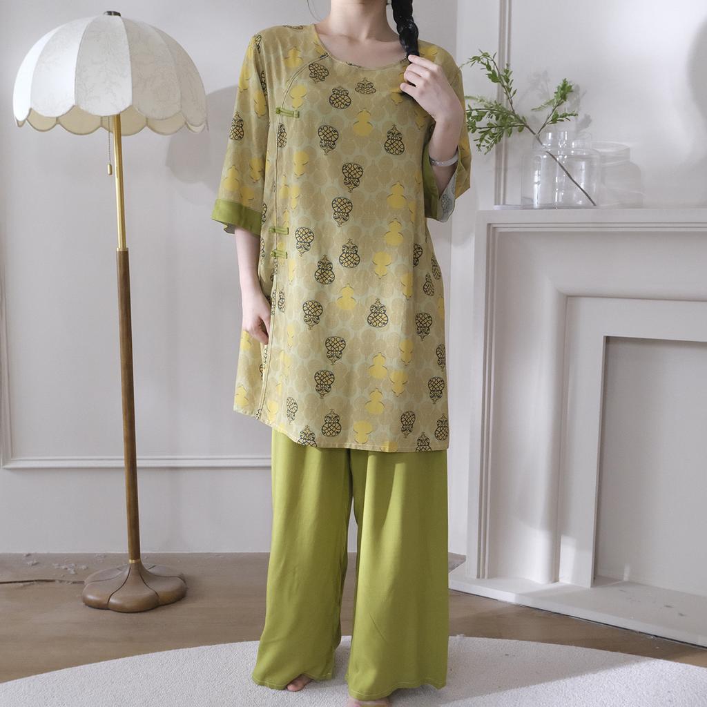 New Chinese national style cotton and silk pajamas women's spring and summer medium-sleeved wide-leg pants can be worn outside loungewear high-end