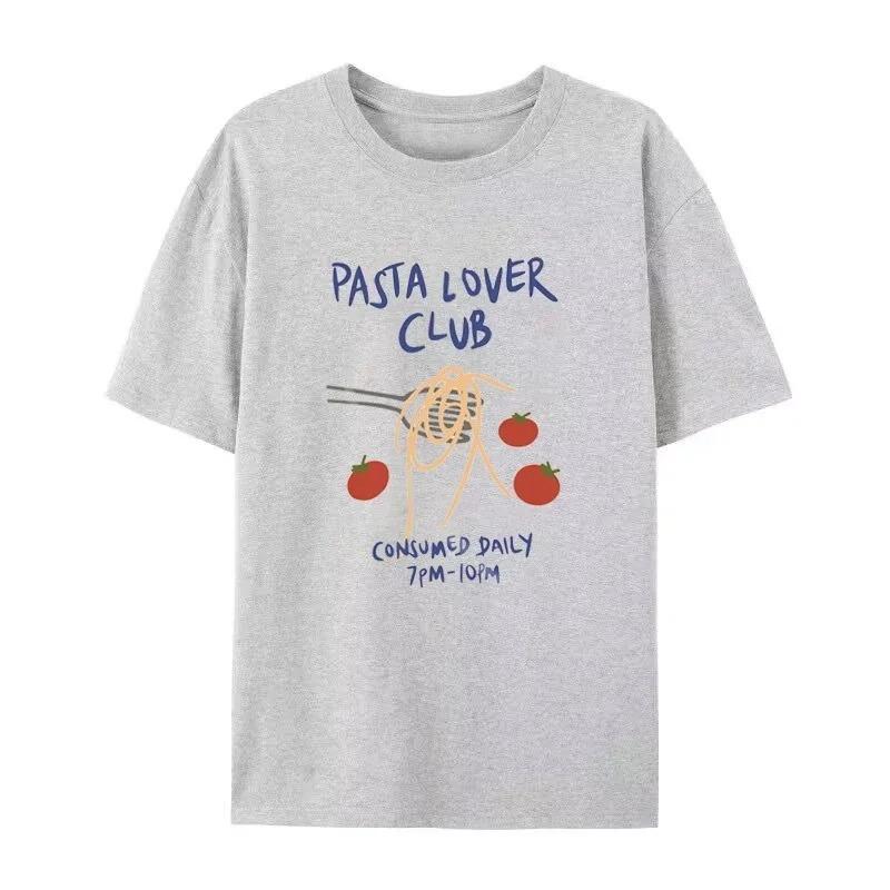 Women's Pasta Lover Club pattern T-shirt with retro fruit print short sleeved fashion top, oversized Harajuku Y2k streetwear