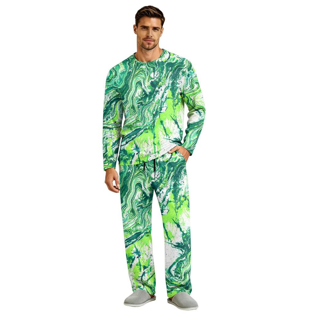 Men's Pajama Set Long Sleeve Top and Long Pants with Button Crotch and Elastic Drawstring Waist for Home Loungewear