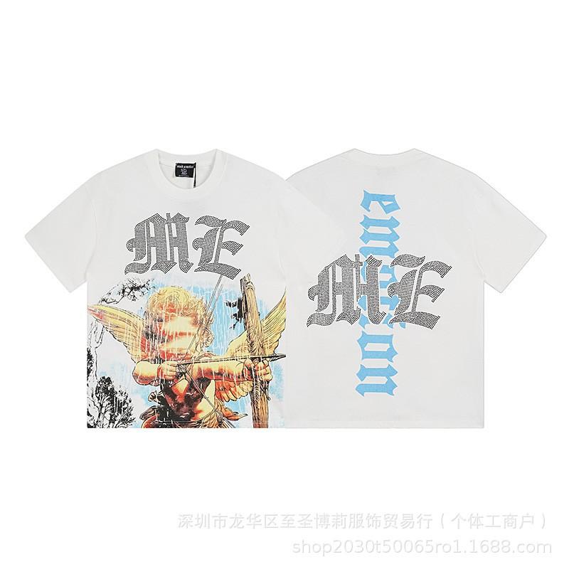 Unisex Vintage American Style Loose Fit Cotton Tee With Embellished Letter Print Round Neck Short Sleeve