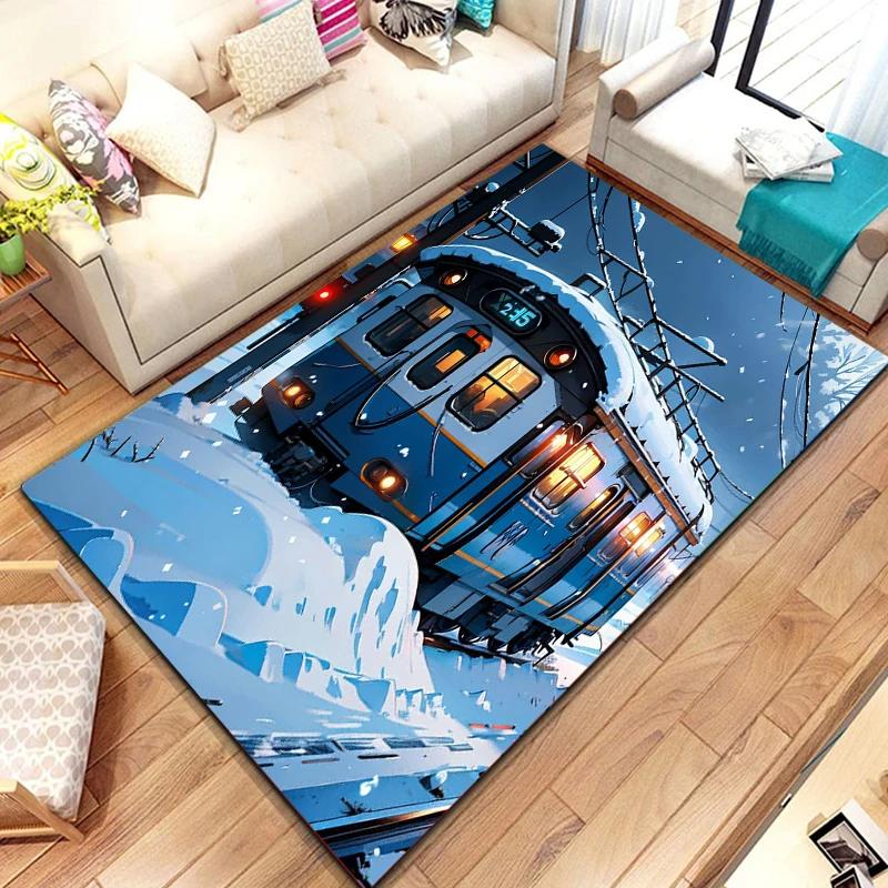 Zug Bereichsteppich für Mädchen Jungen Retro Dampfmaschine Teppich Eisenbahngleis Transport Fußmatte 3D Vintage Fahrzeuge Wohnzimmer Fußmatte