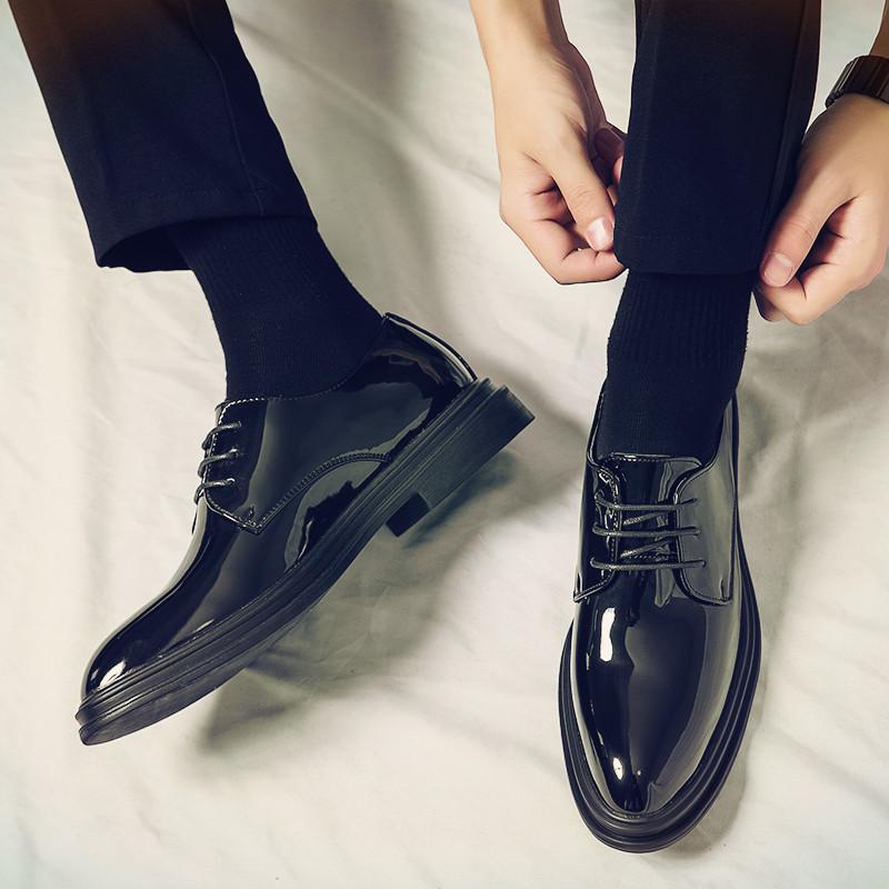 Casual leather shoes summer patent leather glossy small leather shoes black lace-up business dress groom wedding trendy shoes