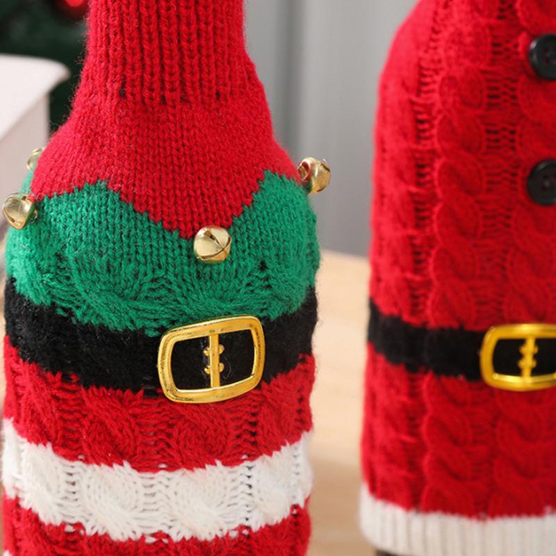 Christmas Wine Bottle Cover Striped Knitted Wine Bottle Sleeve Santa Claus Woven Kitchen Dining Room Xmas Party Table Decoration