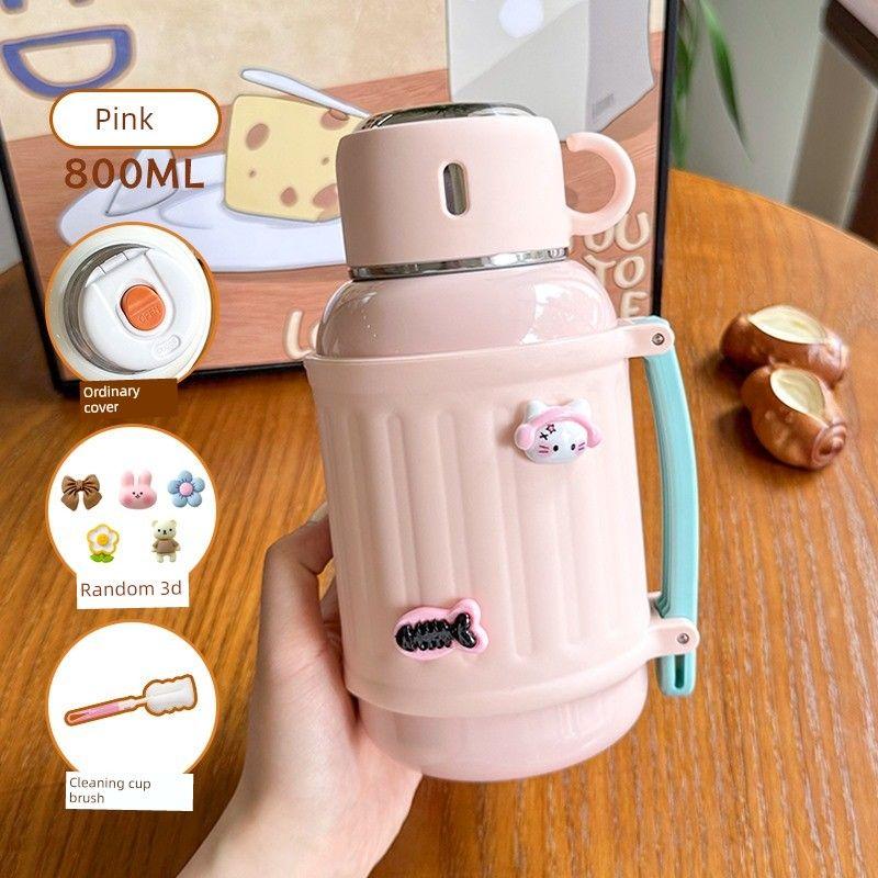 

German Imported Large-Capacity Thermos Cup for Girls, High-Looking 316 Stainless Steel Water Cup with Lid, Thermos Flask, Travel Cup Pink 800Ml+Random 3D+Cup Brush