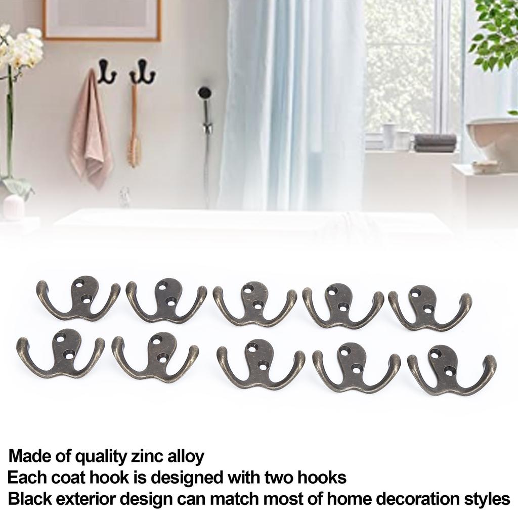 10Pcs Coat Hooks Small Double Prong AntiRust Sturdy Convenient Wall Mounted Tiebacks for Coat Clothing Keys(Antique Brass Plating )
