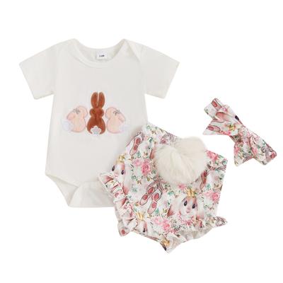 Baby Mädchen Osteroutfits Hasenprint Kurzarm Strampler und Elastische Shorts Süßes Stirnband 3-teilige Kleidung