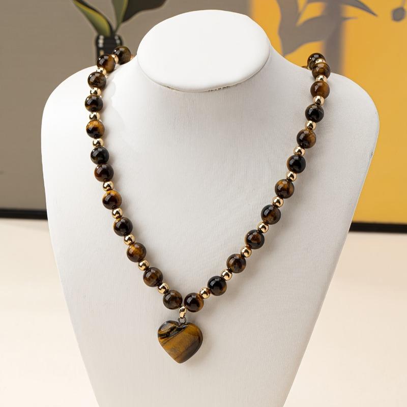 1PC Fashion Maillard Tiger's Eye Necklace Natural Stone Tiger's Eye Stone Love Pendant Necklace Women