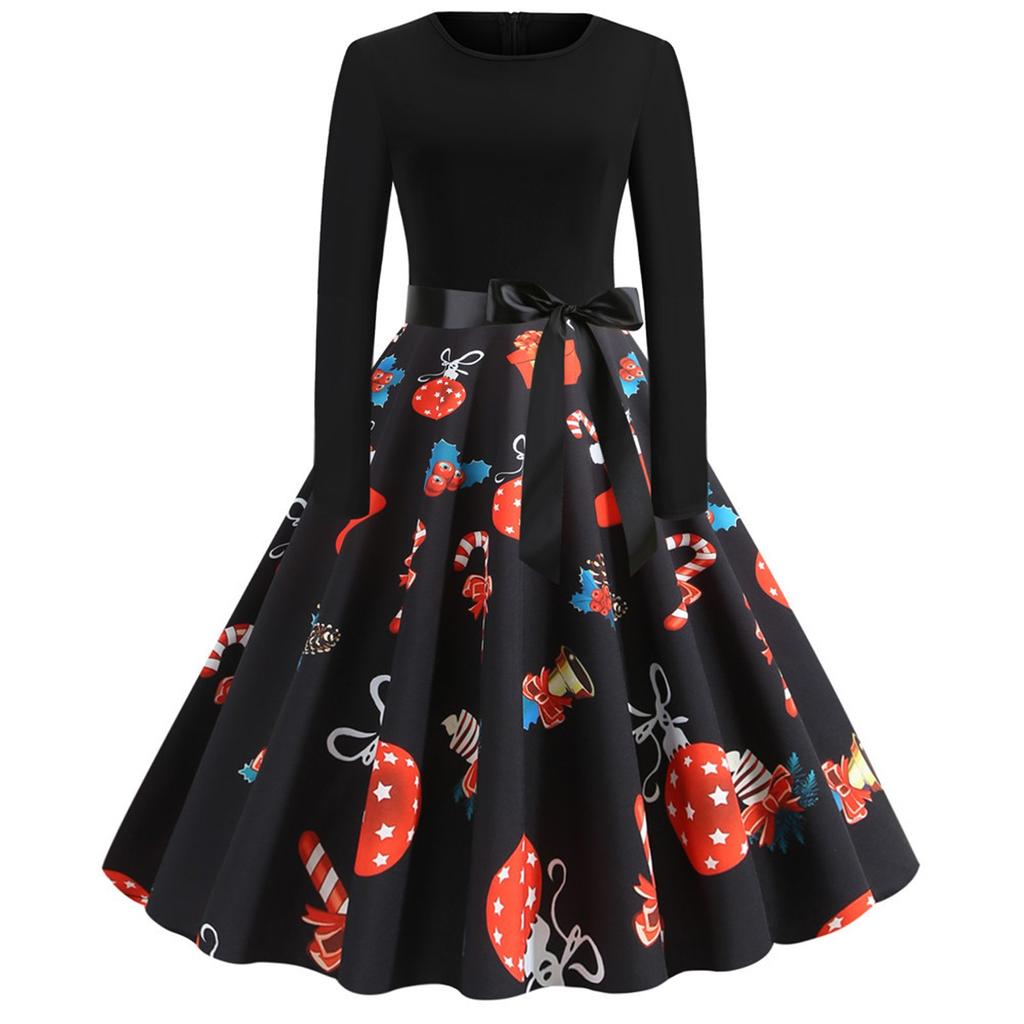 Women's Long Sleeve Vintage Dress Retro Fit Flare Holiday Party Dress Christmas Print Midi Dress with Waist Tie Belt