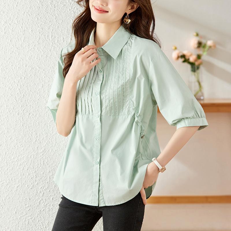 Short-sleeved Summer Pleated Top Loose and Thin Cotton Shirt