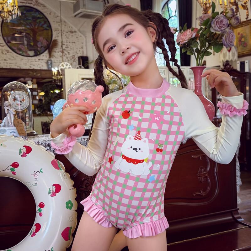 MIMIHELLO Girls Plaid Cartoon Dog Long Sleeve One-Piece Swimsuit 130