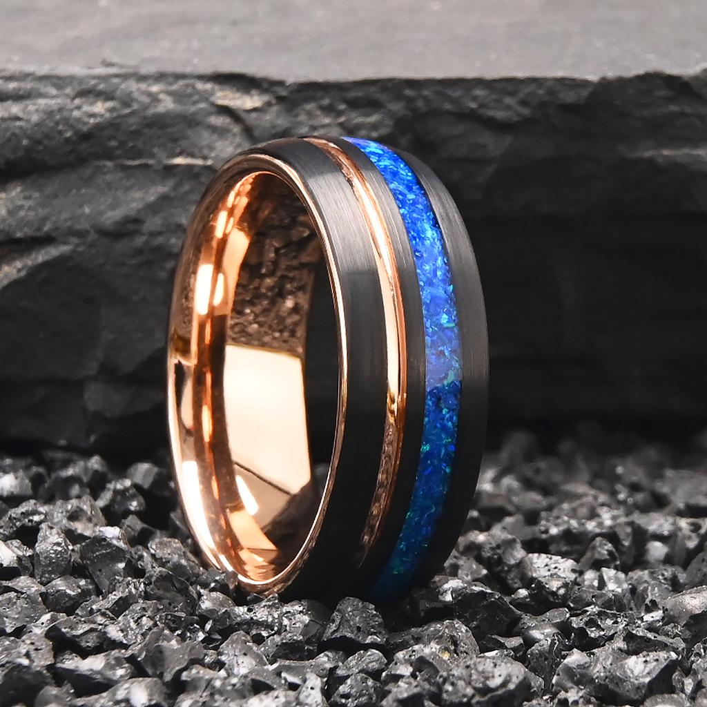 8mm Tungsten Carbide Rings for Men and Women rosegold Groove with Blue Opal Men's Wedding band  Comfortable to Wear