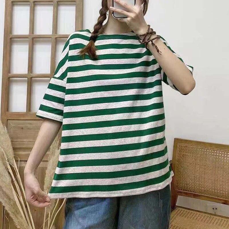 

Johnature повседневные полосатые женские топы летние свободные с круглым вырезом с коротким рукавом простой пуловер женские футболки One Size зелёный