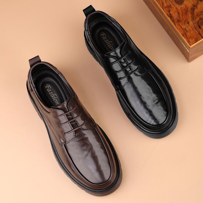 British Style Men's Leather Height-Increasing Shoes - 8cm Elevator, Thick Sole, Lace-up, Formal/Casual, Cowhide Dad Shoes.
