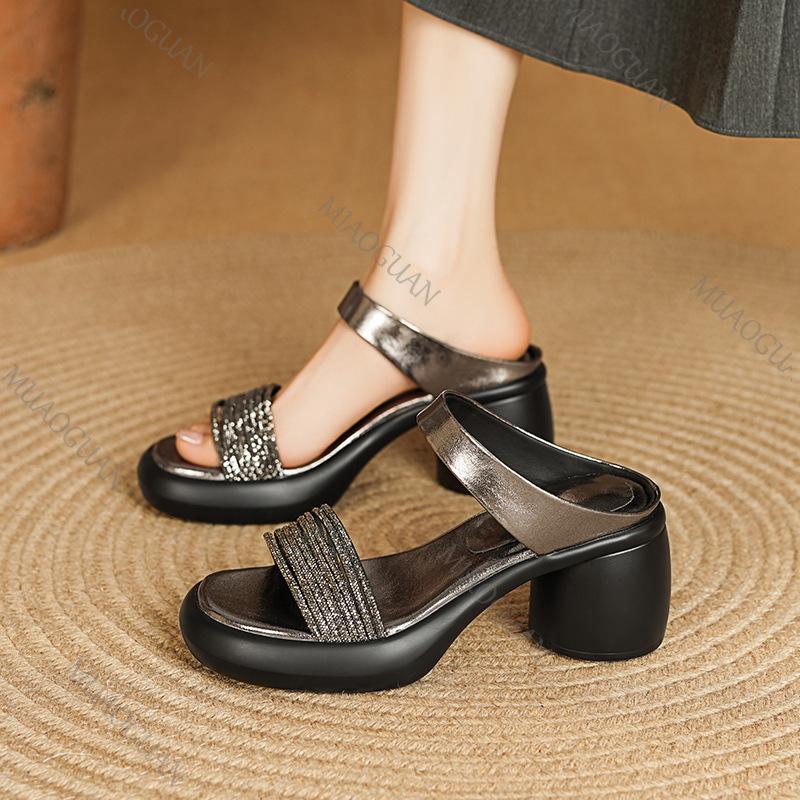 Fashion Rhinestone Sandals Summer Shoes for Women Outside Wear Open-toe Slippers Fashion Thick Bottom High Heels Soft Leather Sandales