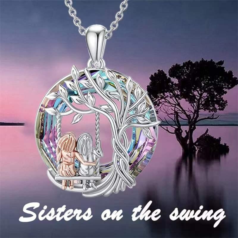 Tree Of Life Sisters Swing Pendant Necklace Women Colorful Crystal Memorial Jewelry