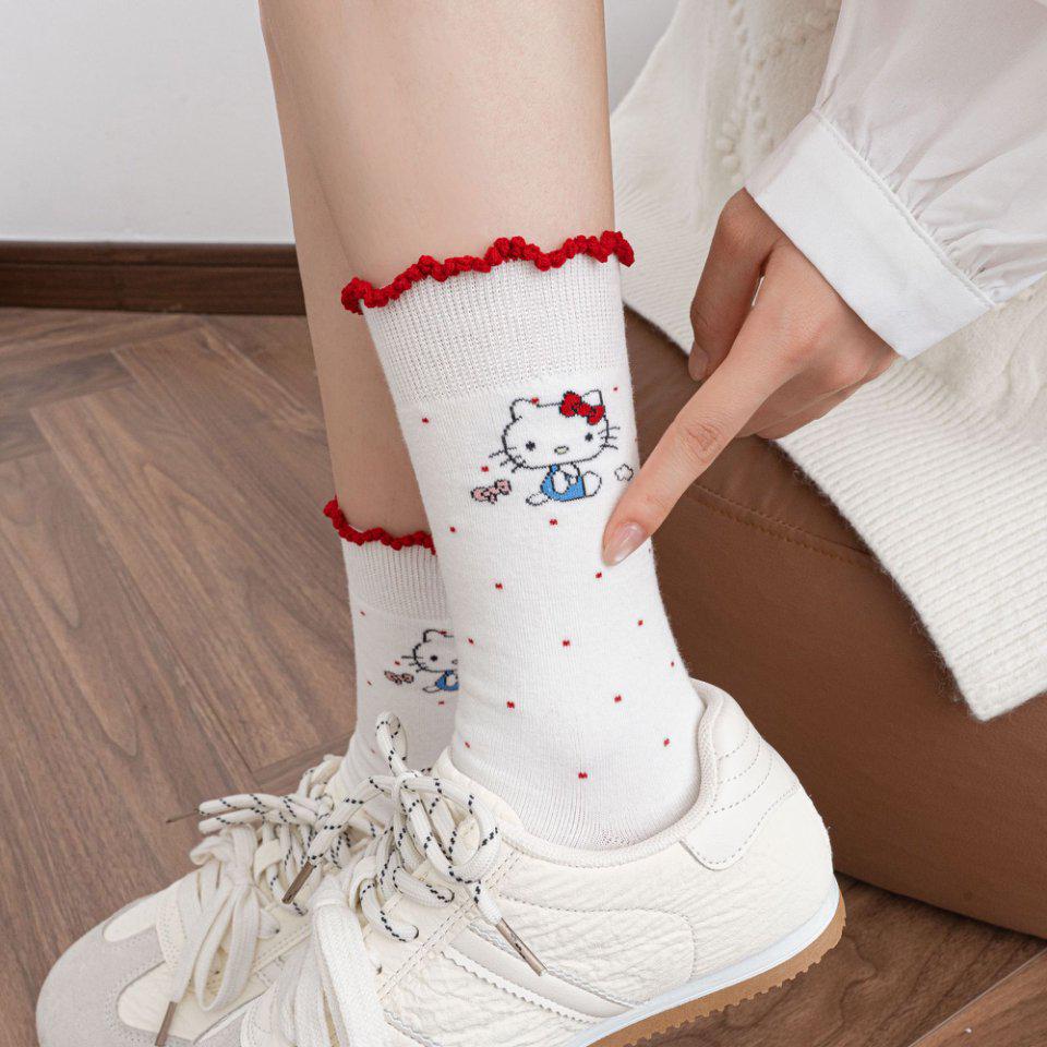 Wood Ear Lace Bubble Mouth Kitten Mid-Calf Socks - Women's Cute College-Style Striped Socks