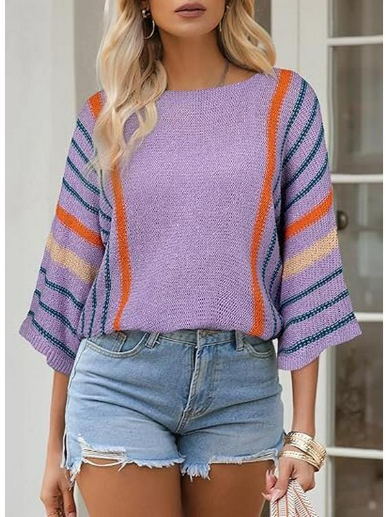 Dámský pletený pulovr s barevnými bloky a pruhy - Rukávy střední délky, Všestranná ležérní móda