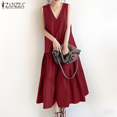 Kadın Günlük V Yaka Kolsuz Bol Uzun Elbise