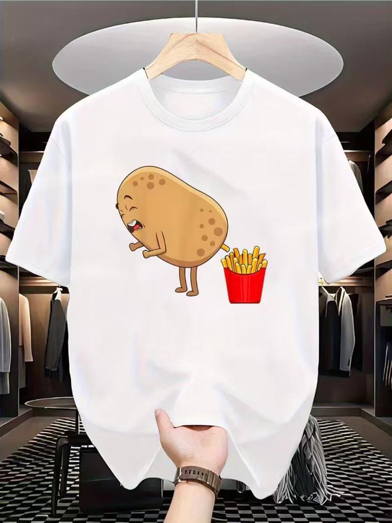 Funny Potato Fries Patterned T-Shirt - Unisex Adult Casual Tee Featuring a Smiling Potato And Fries Print, Round Neck Sh