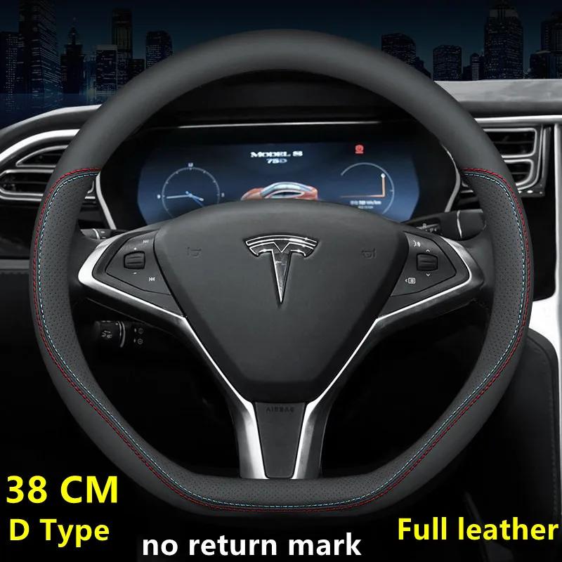 Nappa Leather Car Steering Wheel Cover For Tesla Model 3 Y S X 2019 - 2025 4 Seasons 36-38 CM Black Auto Interior Accessories