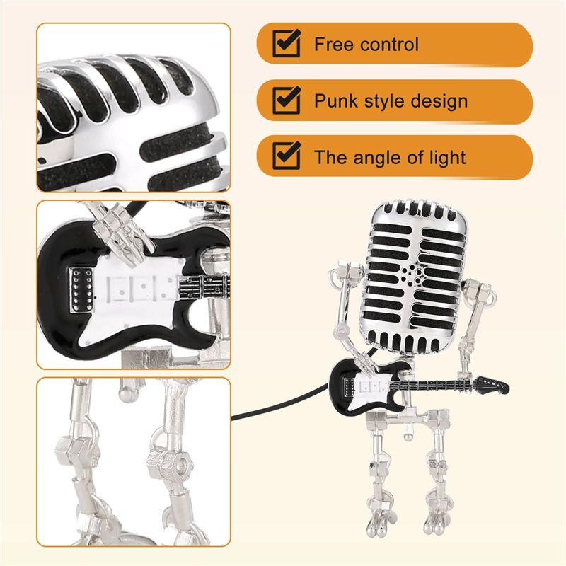 Premium-Mic Robot,Retro Style Microphone Robot Table Lamp,Holding Guitare Night Light,Vintage Microphone Robot Desk Lamp