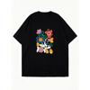 Übergroßes T-Shirt-Kleid Schwarz Bunter Blumenstickerei-Print Freizeitkleidung für Damen