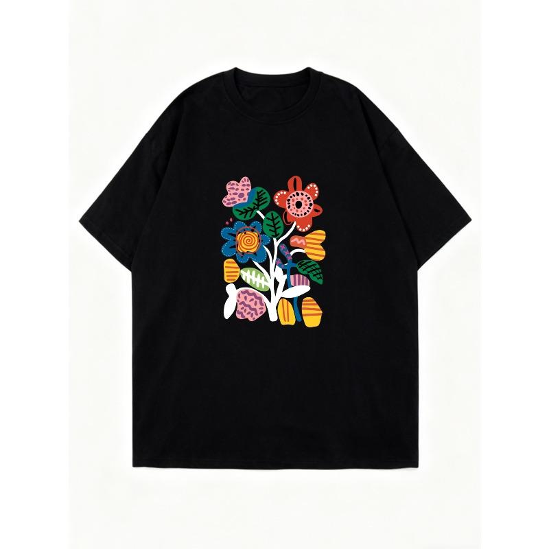 Übergroßes T-Shirt-Kleid Schwarz Bunter Blumenstickerei-Print Freizeitkleidung für Damen